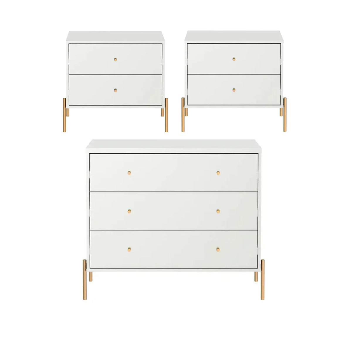 Conjunto 2 Mesas de Cabeceira e Cômoda 3 Gavetas Jasper - Branco c/ Dourado