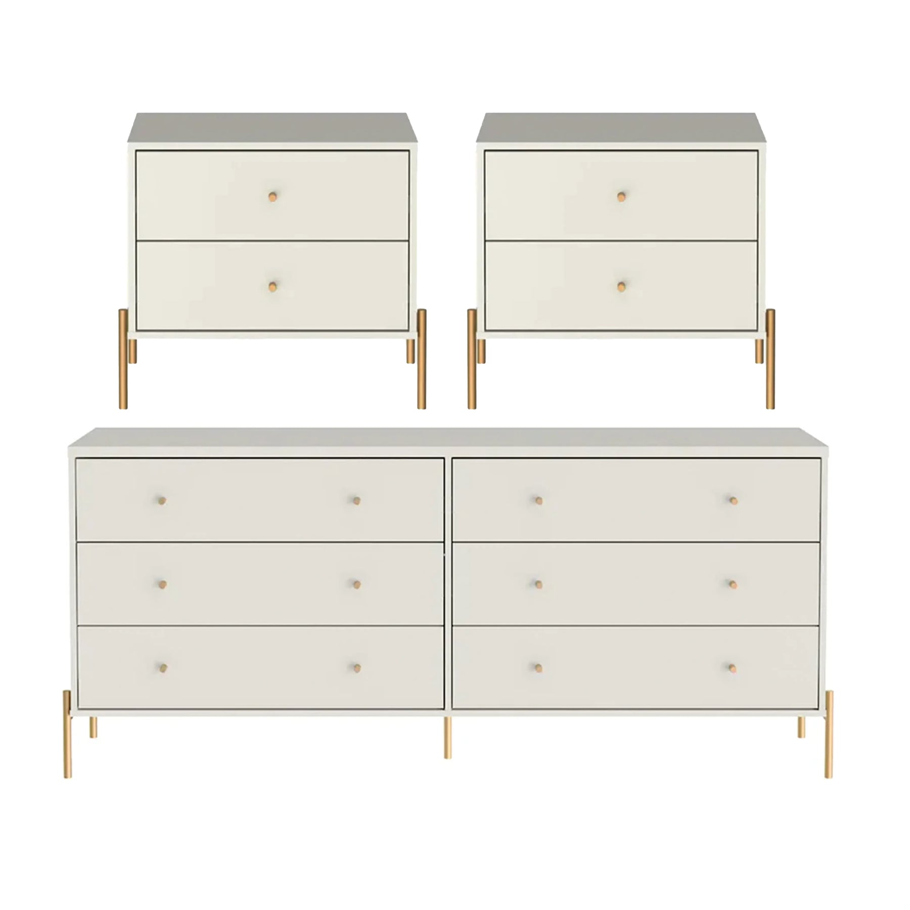 Conjunto 2 Mesas de Cabeceira e Cômoda 6 Gavetas Jasper - Off White Fosco c/ Dourado