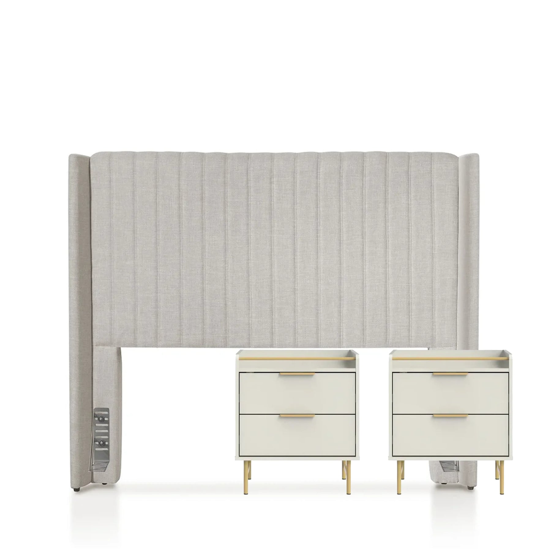 Conjunto 2 Mesas de Cabeceira Yves e Cabeceira Queen Reid - Off White c/ Dourado - Linho Mescla Taupe