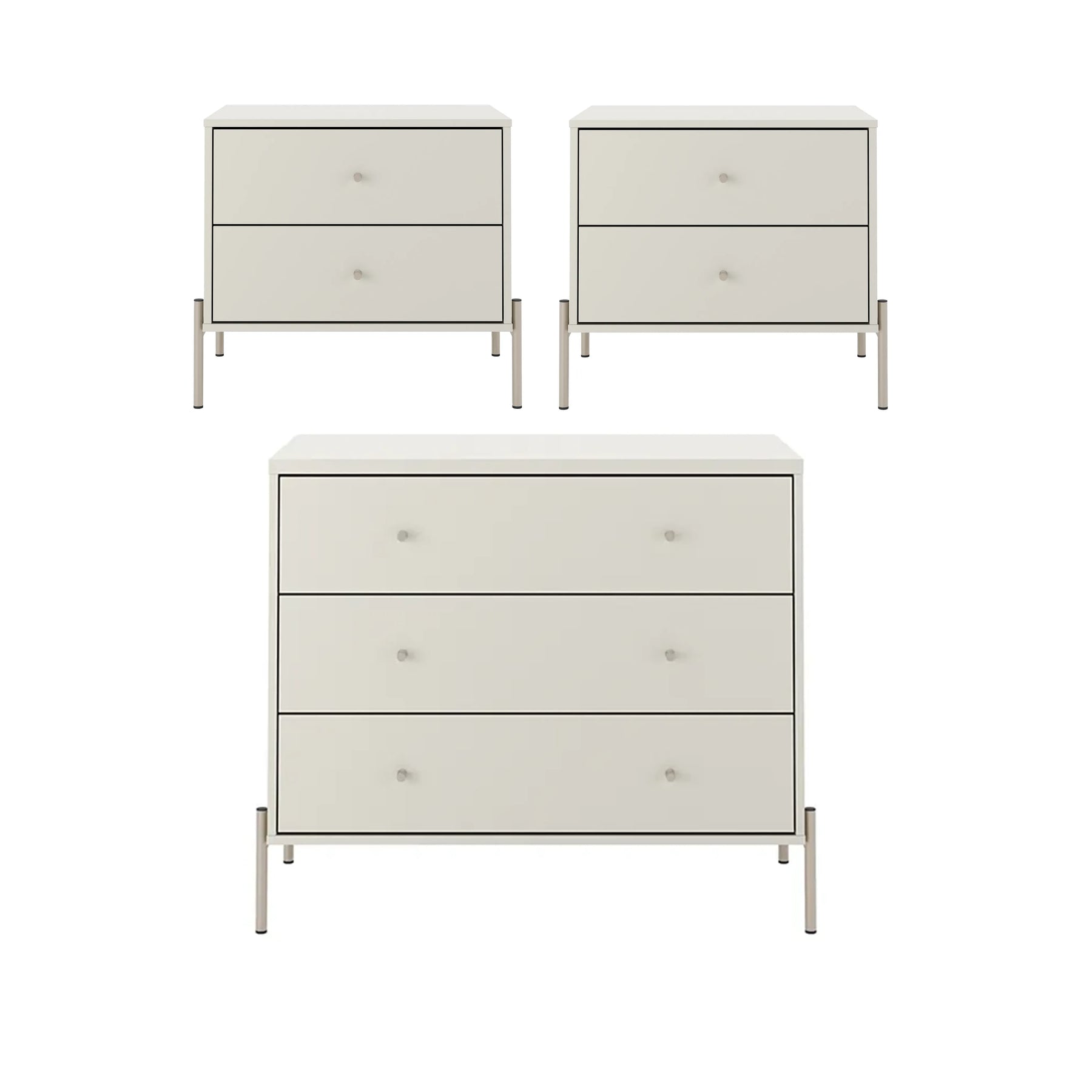 Conjunto 2 Mesas de Cabeceira e Cômoda 3 Gavetas Jasper - Off White Fosco c/ Champanhe