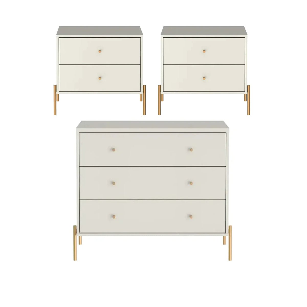 Conjunto 2 Mesas de Cabeceira e Cômoda 3 Gavetas Jasper - Off White Fosco c/ Dourado