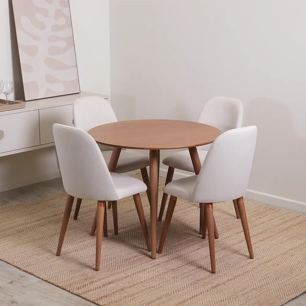 Conjunto de Jantar Mesa Redonda Ollie 4 Cadeiras New Drop - Natural c/ Off White