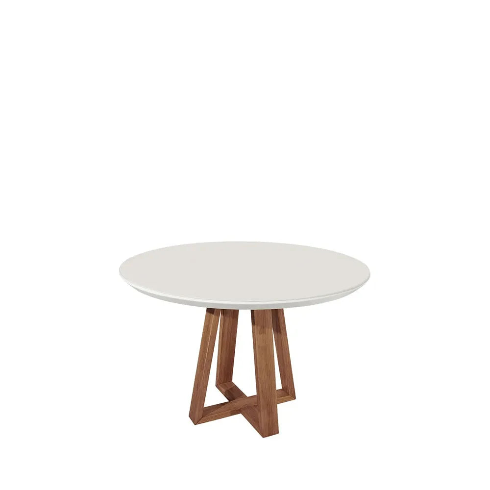 Mesa de Jantar Redonda c/ Vidro para 4 Lugares Bennett 115 cm - Natural c/ Off White