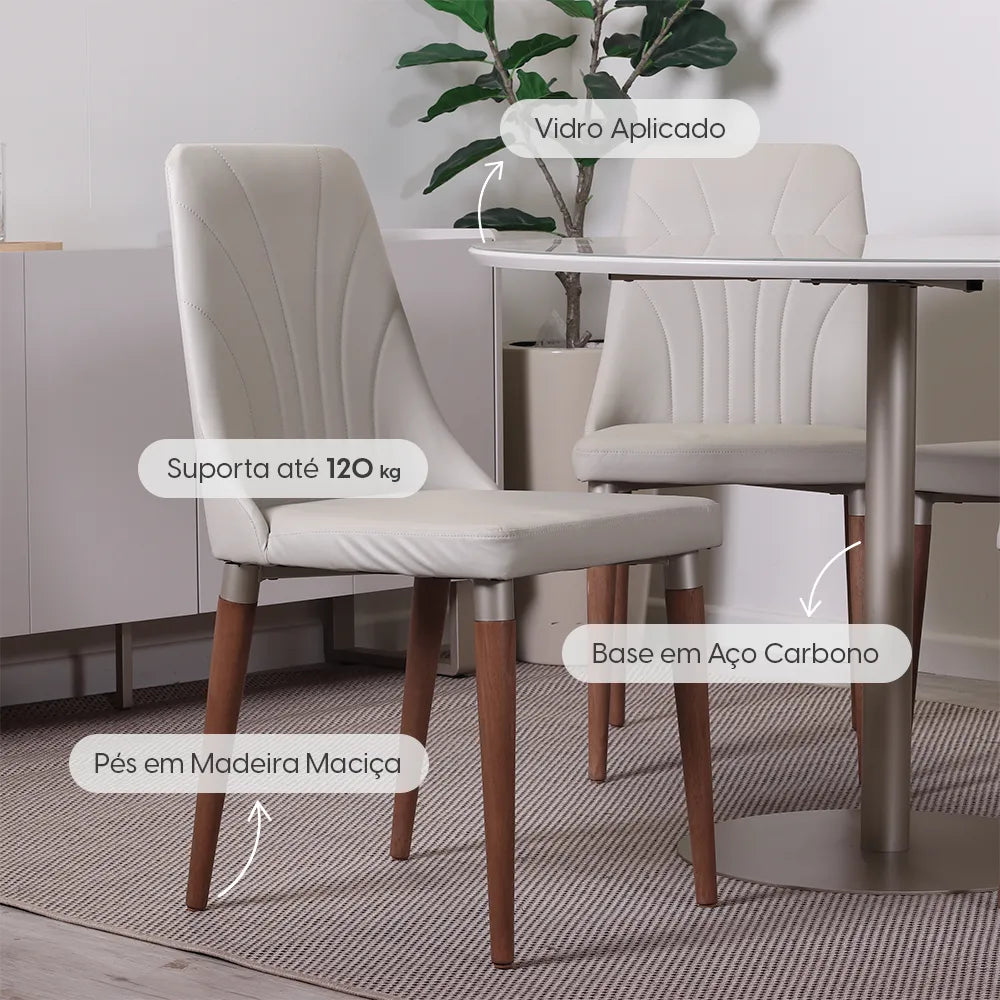 Conjunto de Jantar Mesa Redonda com Vidro Cloe 4 Cadeiras Lara - Champanhe c/ PU Off White