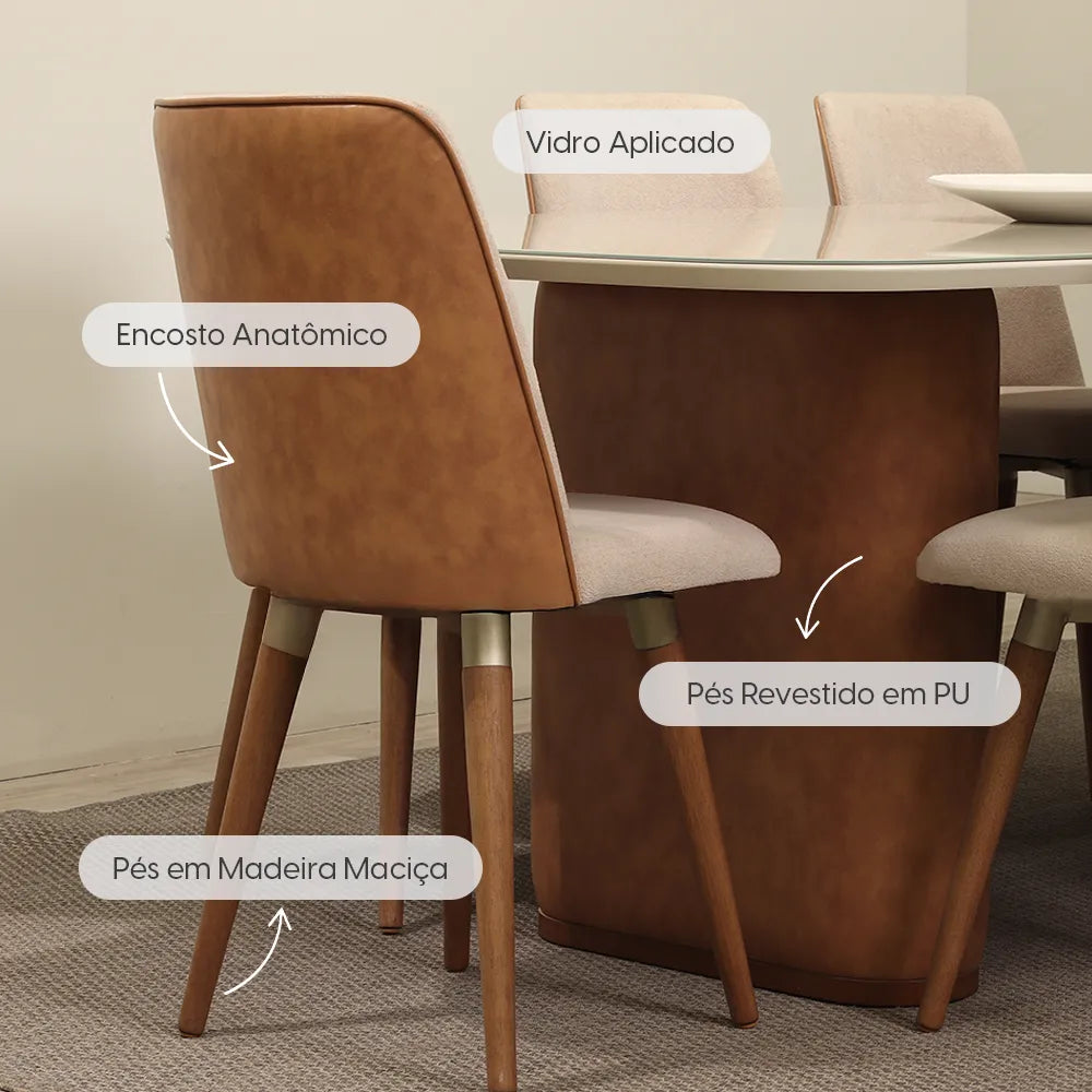 Conjunto de Jantar Mesa Retangular com Vidro Lintz com 8 Cadeiras Dakota - Off White c/ Caramelo