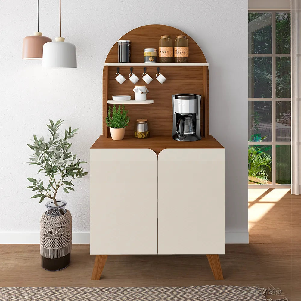 Buffet 2 Portas com Suporte de Xícaras para Sala e Cozinha Siena 80 cm - Natural c/ Off White
