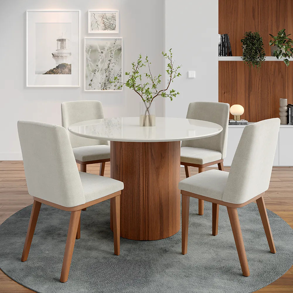 Mesa de Jantar Redonda c/ Vidro para 4 Lugares Kalina 115 cm - Off White Fosco c/ Canella