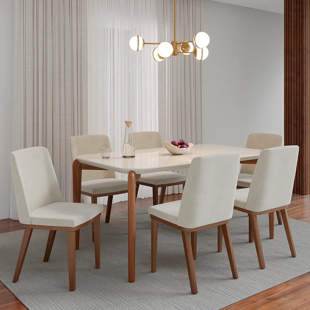Mesa de Jantar Retangular c/ Vidro para 6 Lugares Donatella 180 cm - Off White Fosco c/ Natural