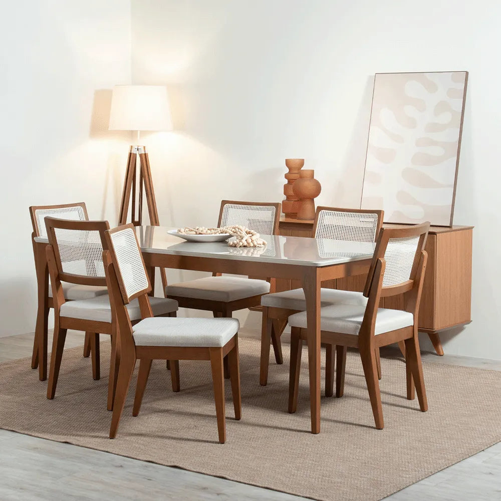 Mesa de Jantar Retangular c/ Vidro para 6 Lugares Ella 160 cm - Natural c/ Off White Fosco