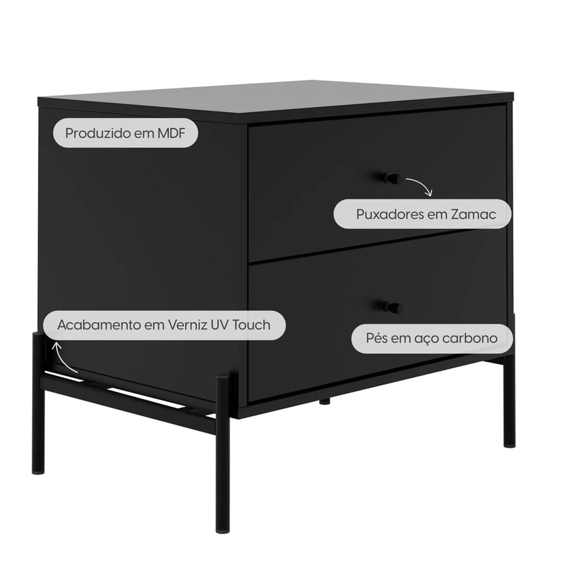 Conjunto 2 Mesas de Cabeceira e Cômoda 6 Gavetas Jasper - Preto Fosco