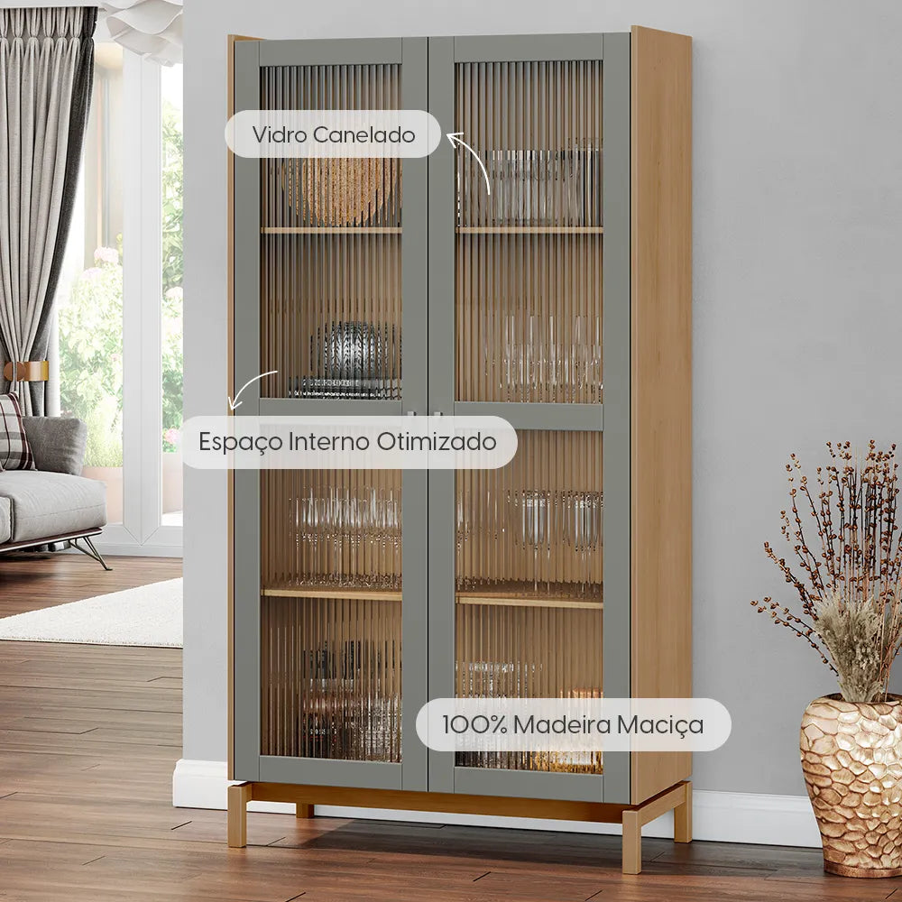 Cristaleira Madeira Maciça 2 Portas com Vidro Canelado Amsterdã 100 cm - Natural c/ Verde