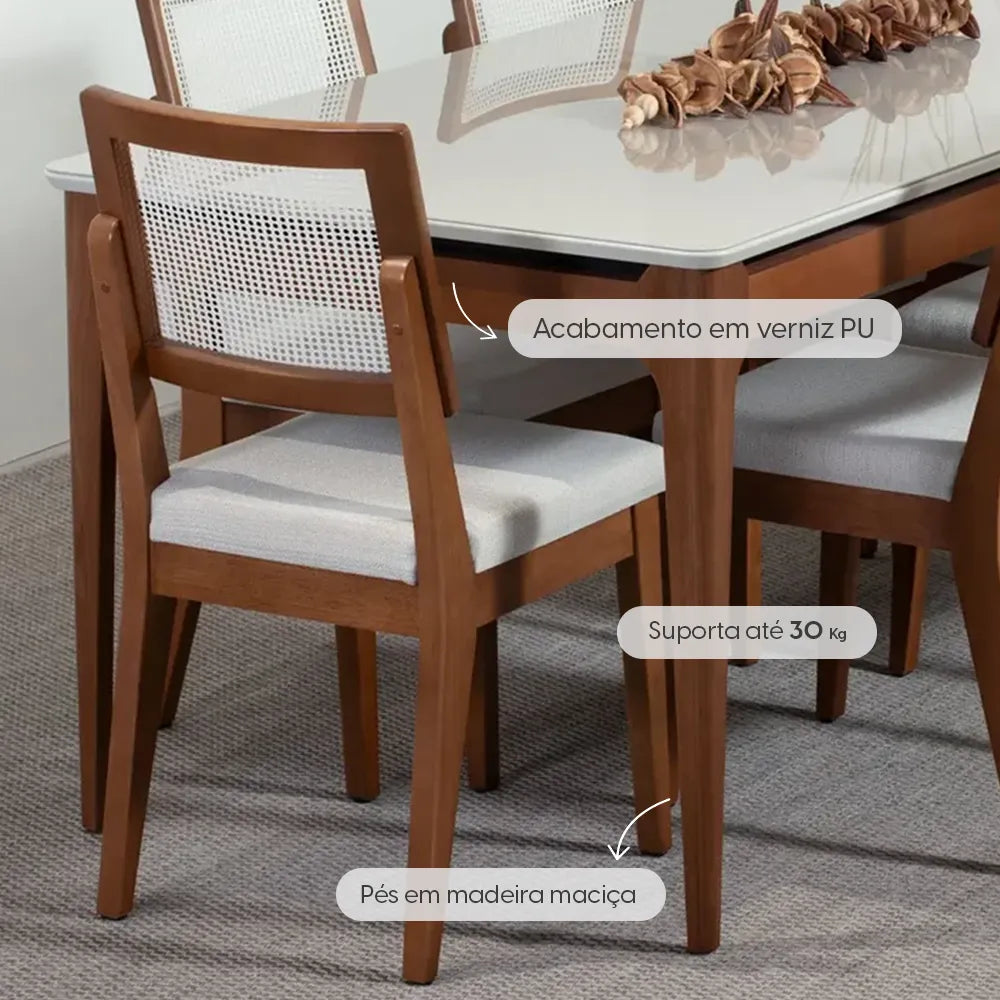 Mesa de Jantar Retangular c/ Vidro para 6 Lugares Addar 160 cm - Natural c/ Off White