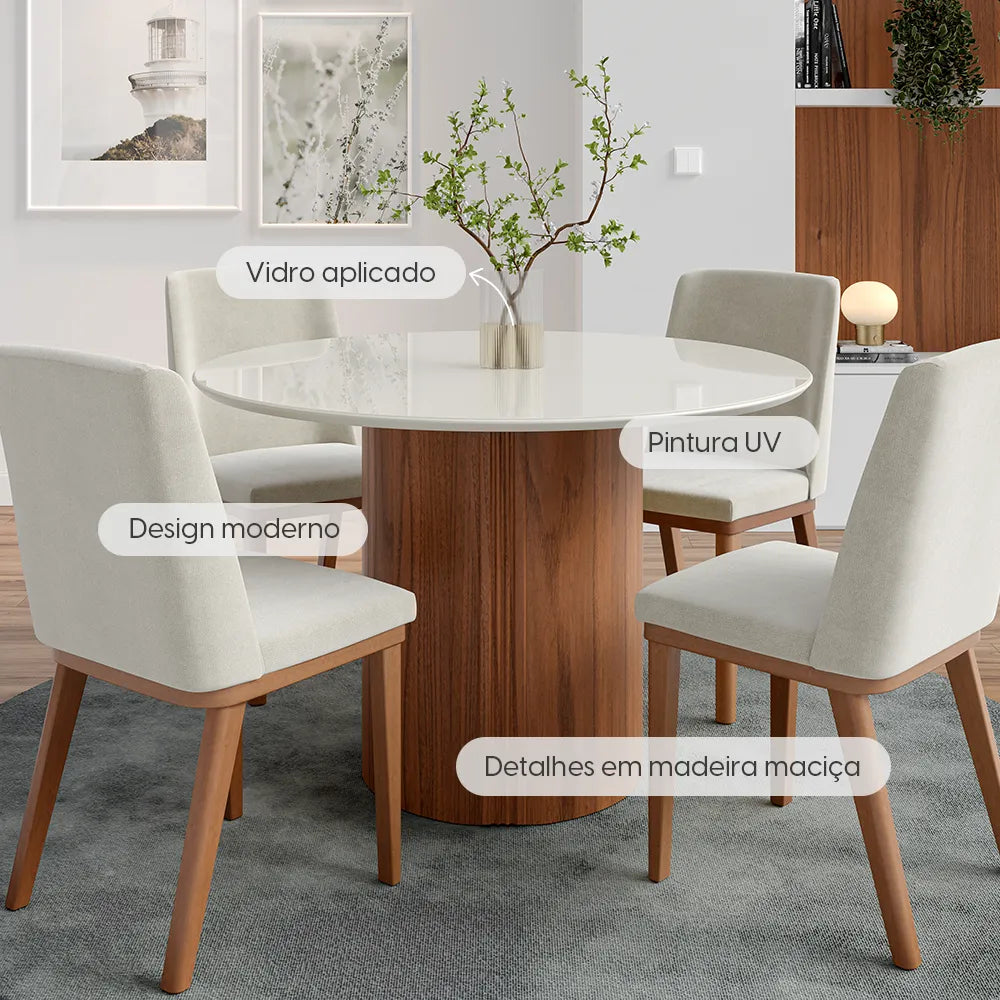 Mesa de Jantar Redonda c/ Vidro para 4 Lugares Kalina 115 cm - Off White Fosco c/ Canella