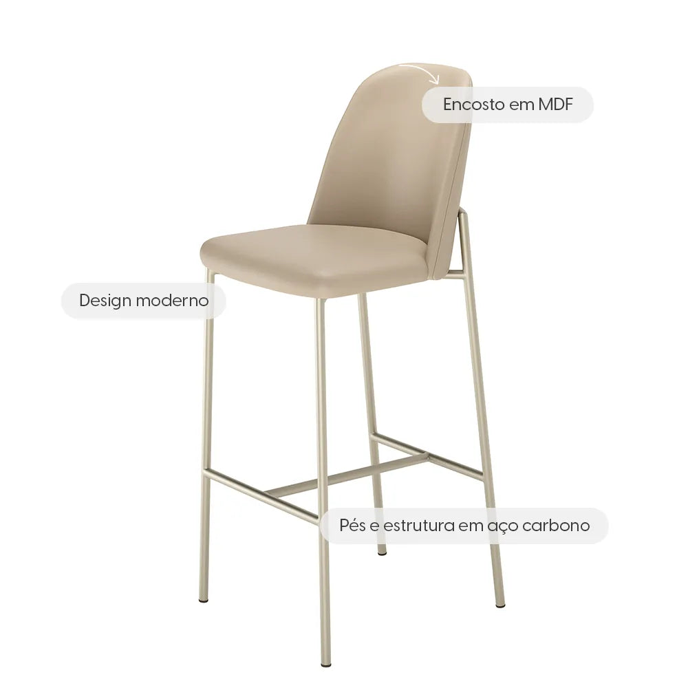 Banqueta Alta de Aço Estofada Lucille - Champanhe c/ PU Off White