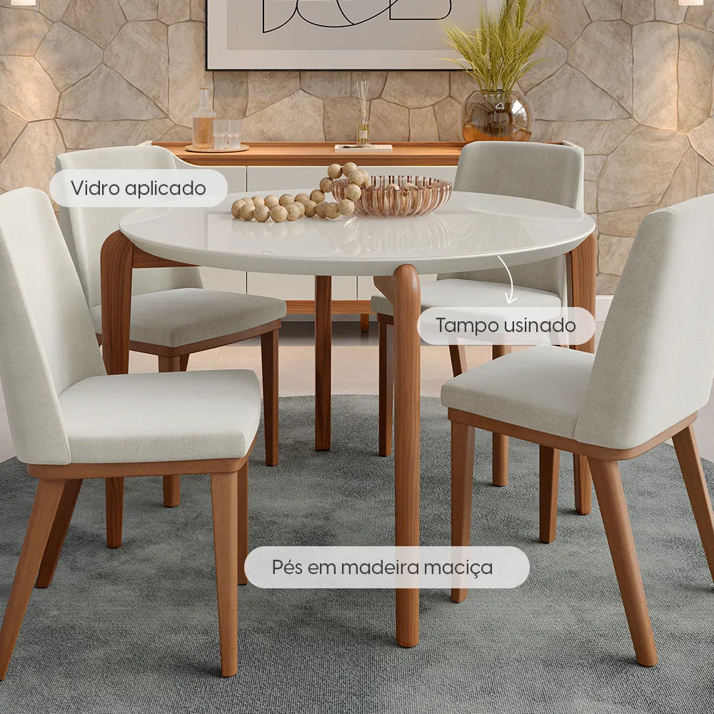 Mesa de Jantar Redonda c/ Vidro para 4 Lugares Donatella 115 cm - Off White Fosco c/ Natural
