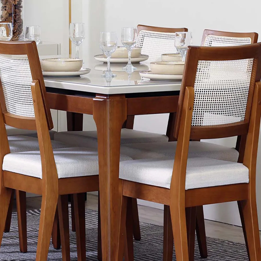 Mesa de Jantar Retangular c/ Vidro para 6 Lugares Addar 160 cm - Natural c/ Off White