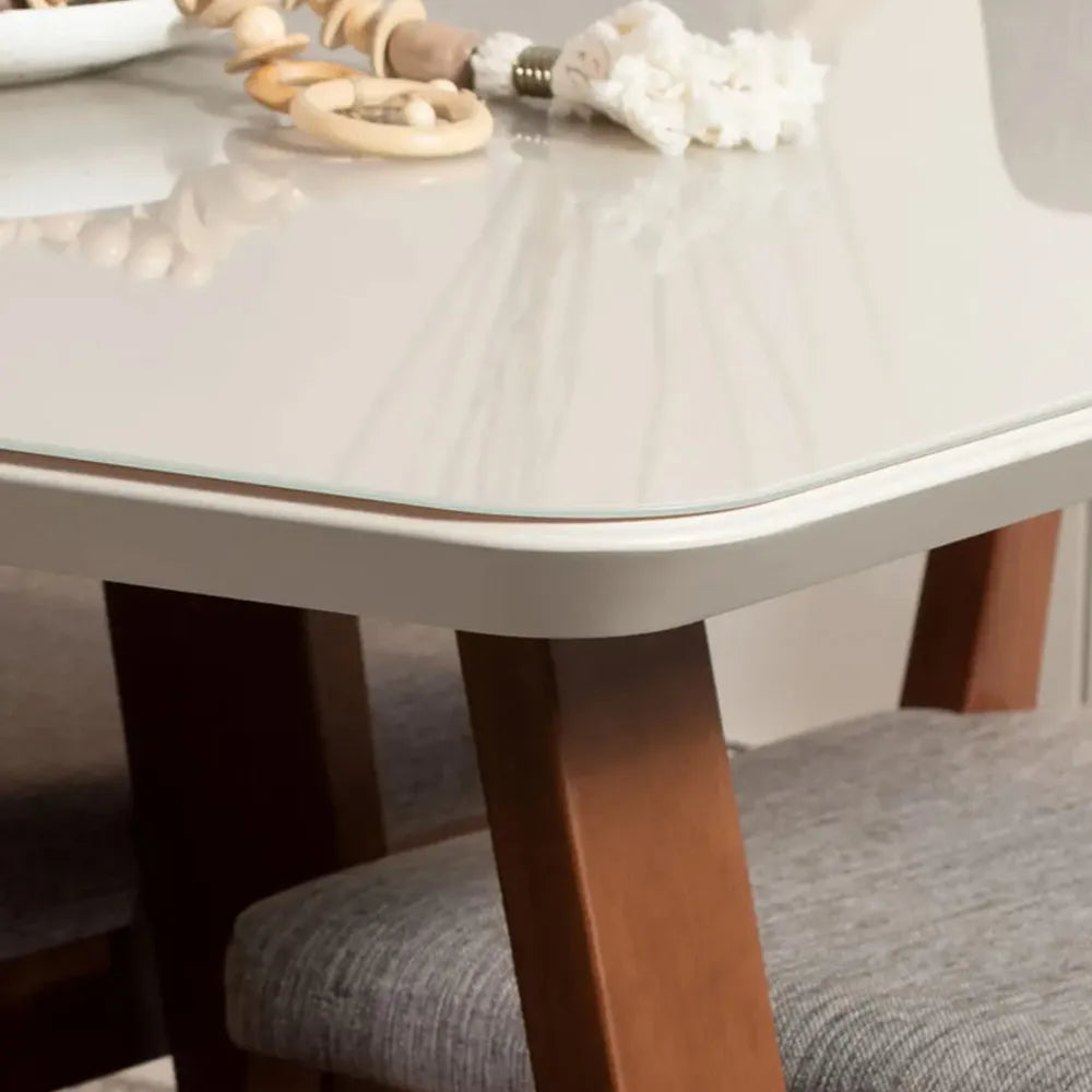 Mesa de Jantar Retangular c/ Vidro para 6 Lugares Bennett 160 cm - Natural c/ Off White
