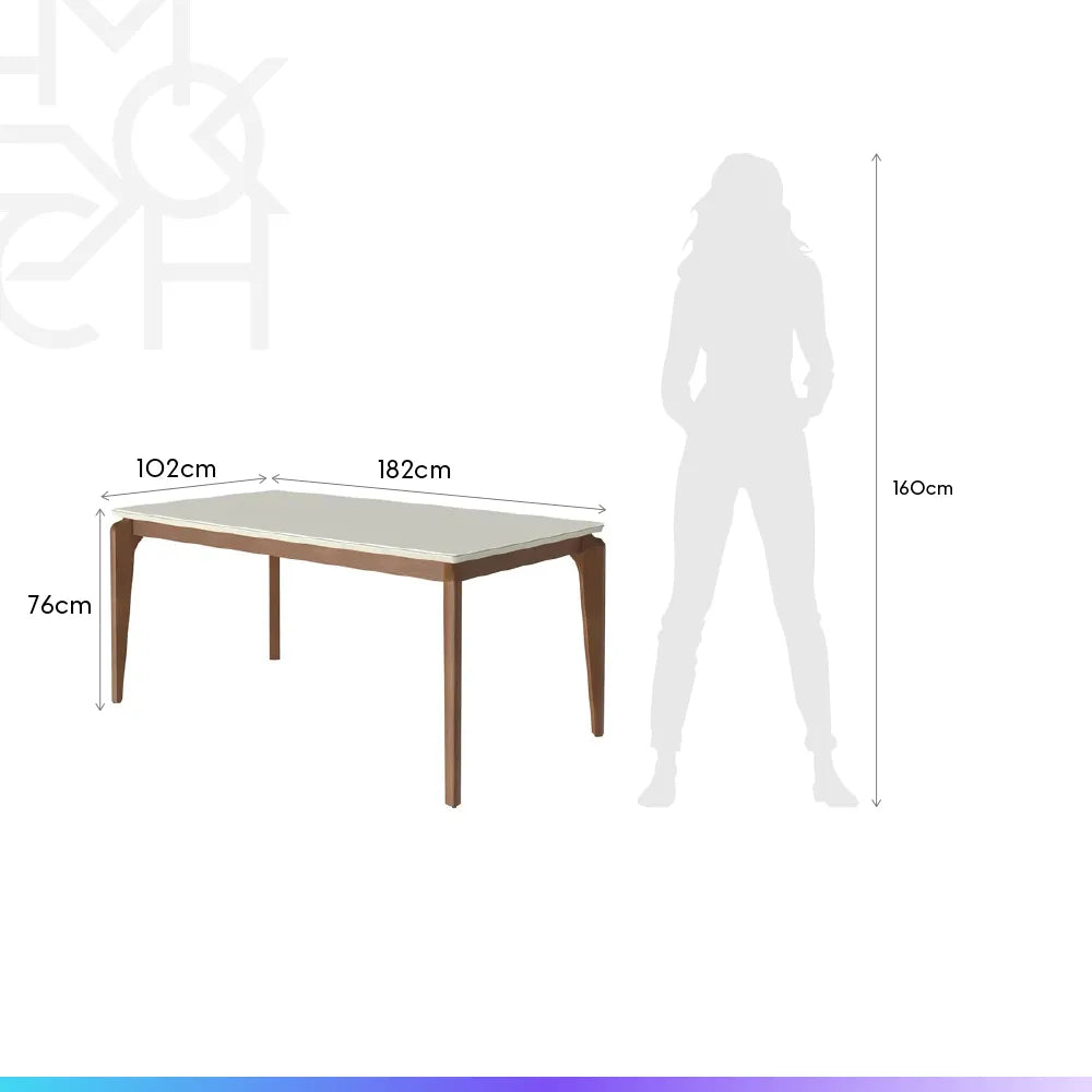 Mesa de Jantar Retangular c/ Vidro para 6 Lugares New Lauren 180 cm - Natural c/ Off White Fosco