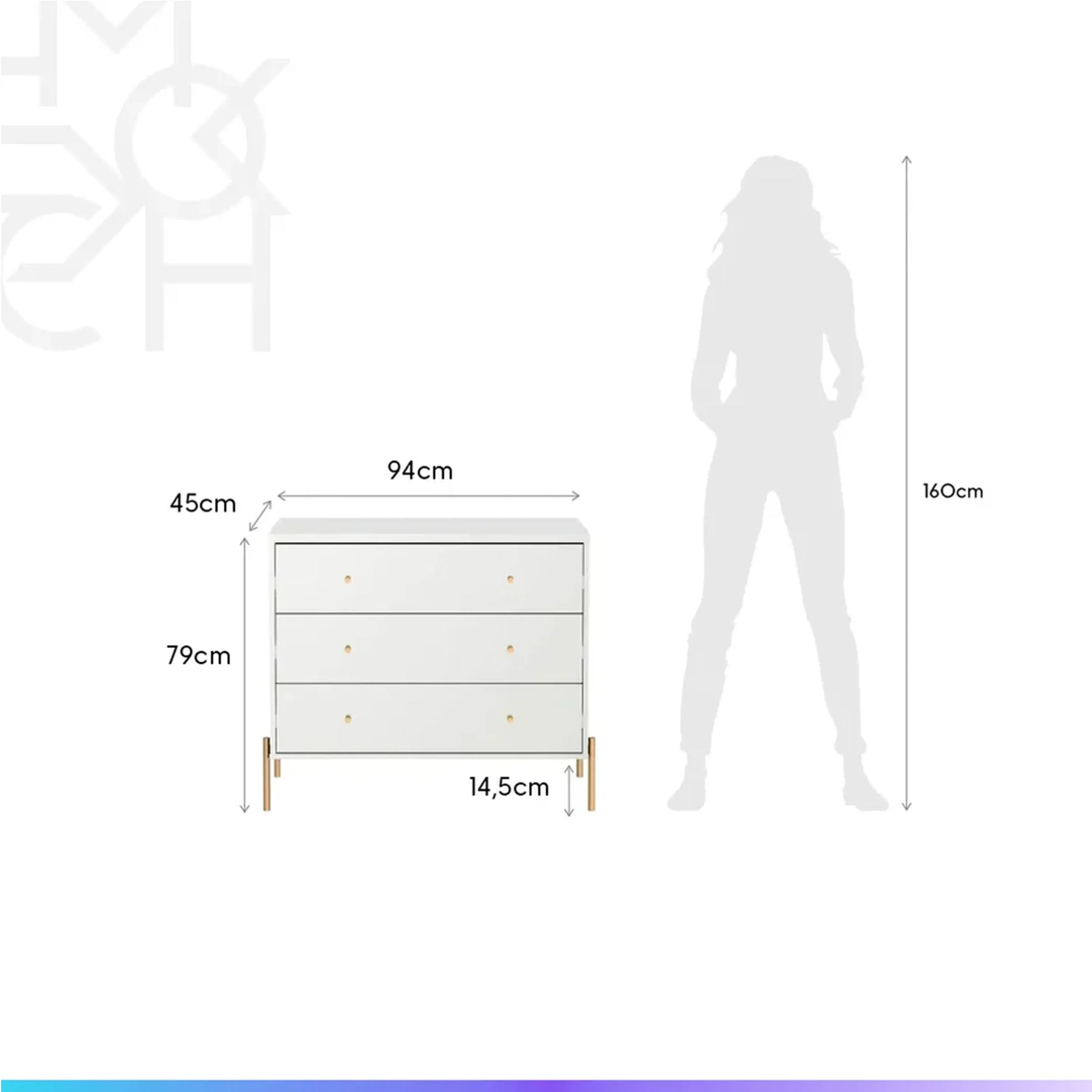 Conjunto 2 Mesas de Cabeceira e Cômoda 3 Gavetas Jasper - Branco c/ Dourado