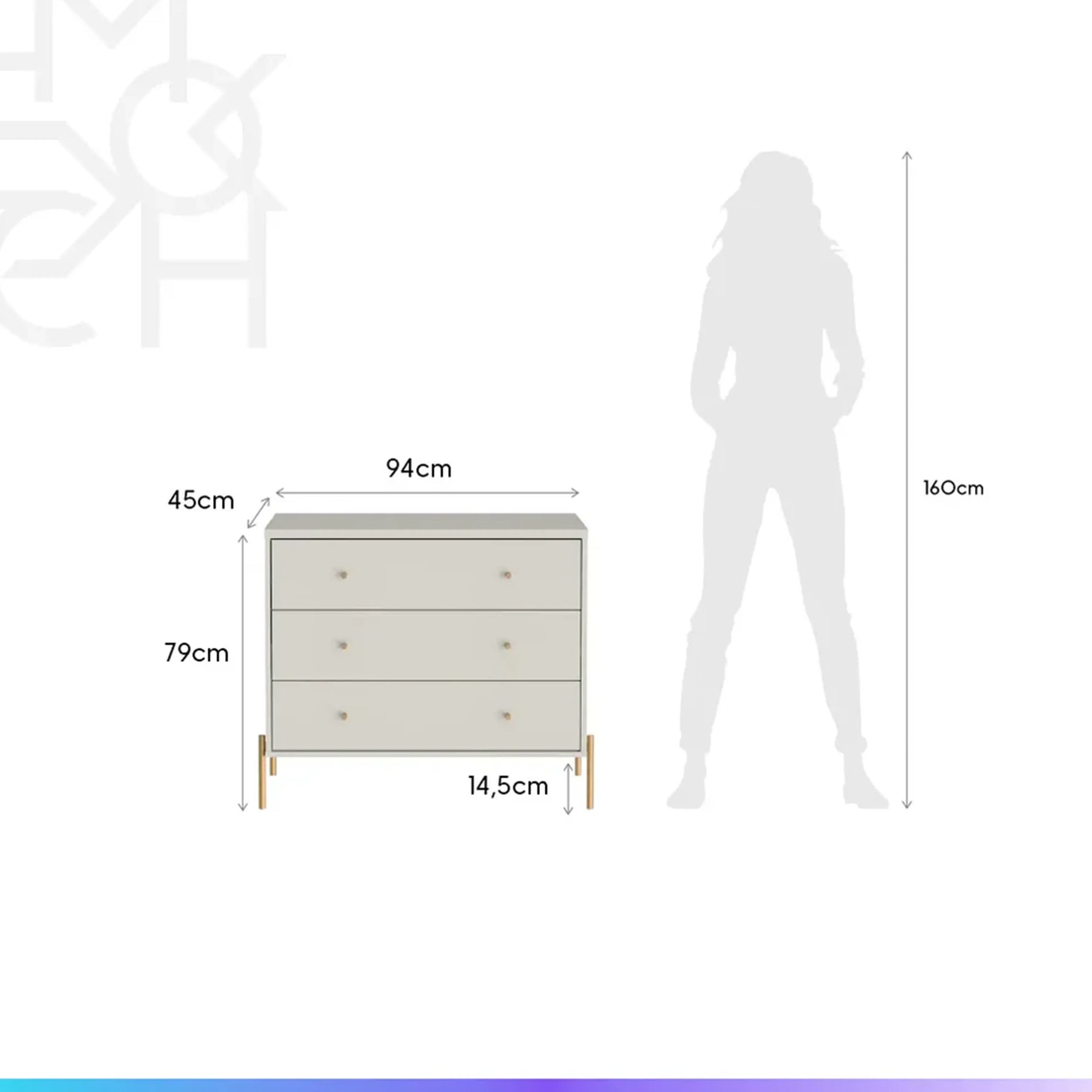 Conjunto 2 Mesas de Cabeceira e Cômoda 3 Gavetas Jasper - Off White Fosco c/ Dourado