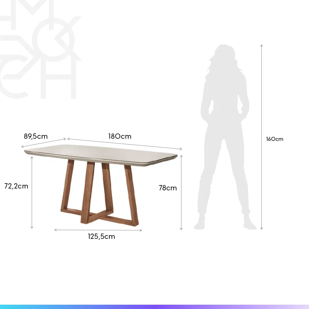 Mesa de Jantar Retangular c/ Vidro para 6 Lugares Bennett 180 cm - Natural c/ Off White