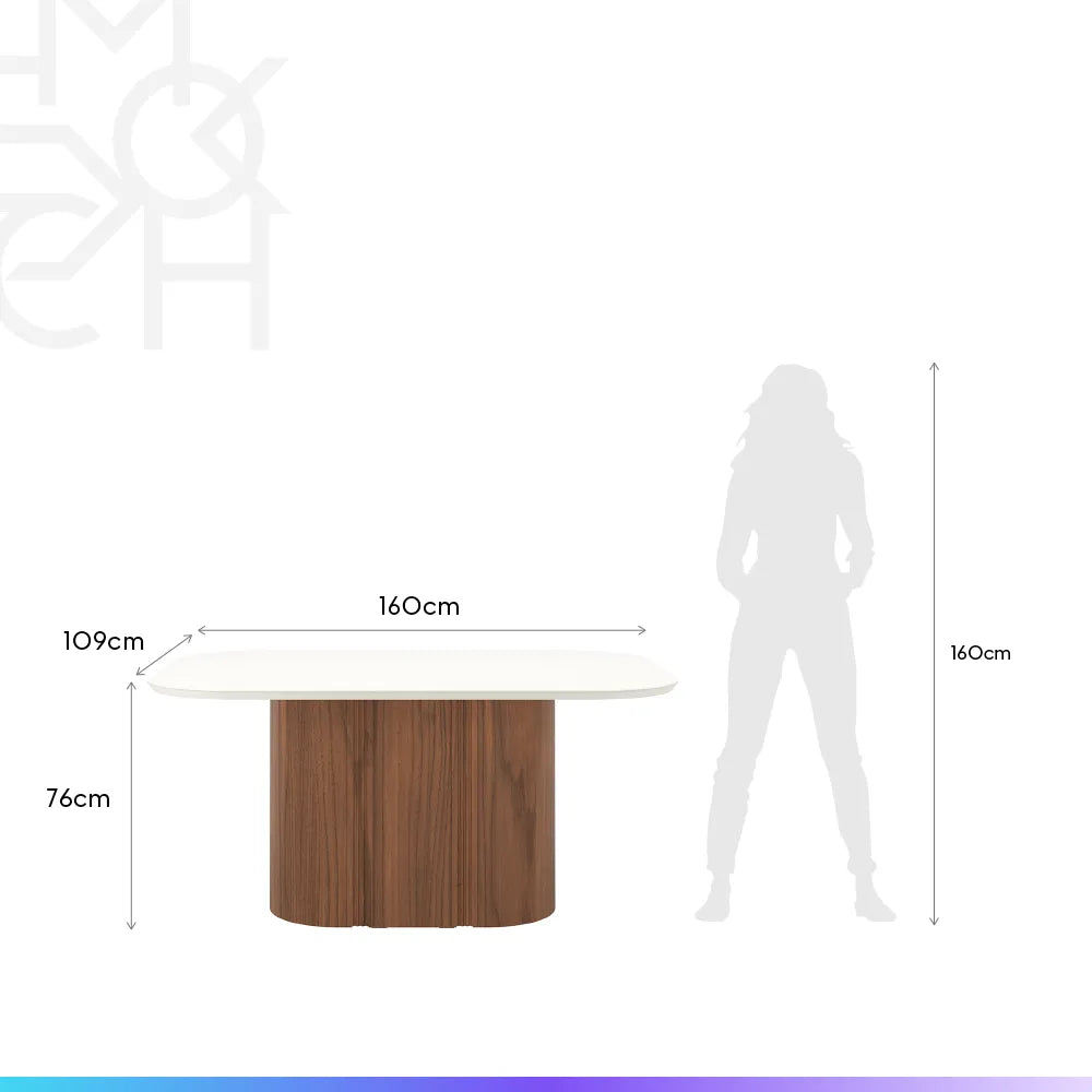 Mesa de Jantar Retangular c/ Vidro para 6 Lugares Kalina 160 cm - Off White Fosco c/ Canella