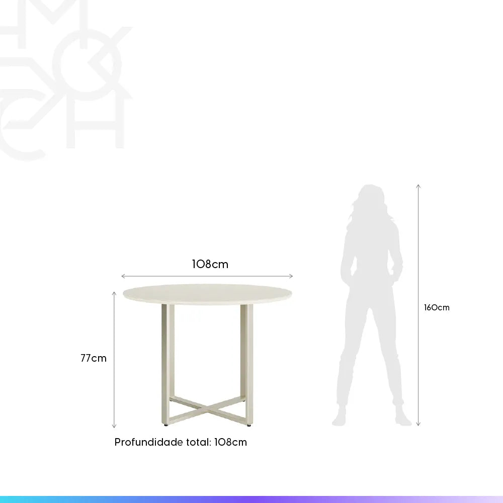 Mesa de Jantar Redonda com Vidro para 4 Lugares Arcádia 108 cm - Champanhe c/ Off White Fosco