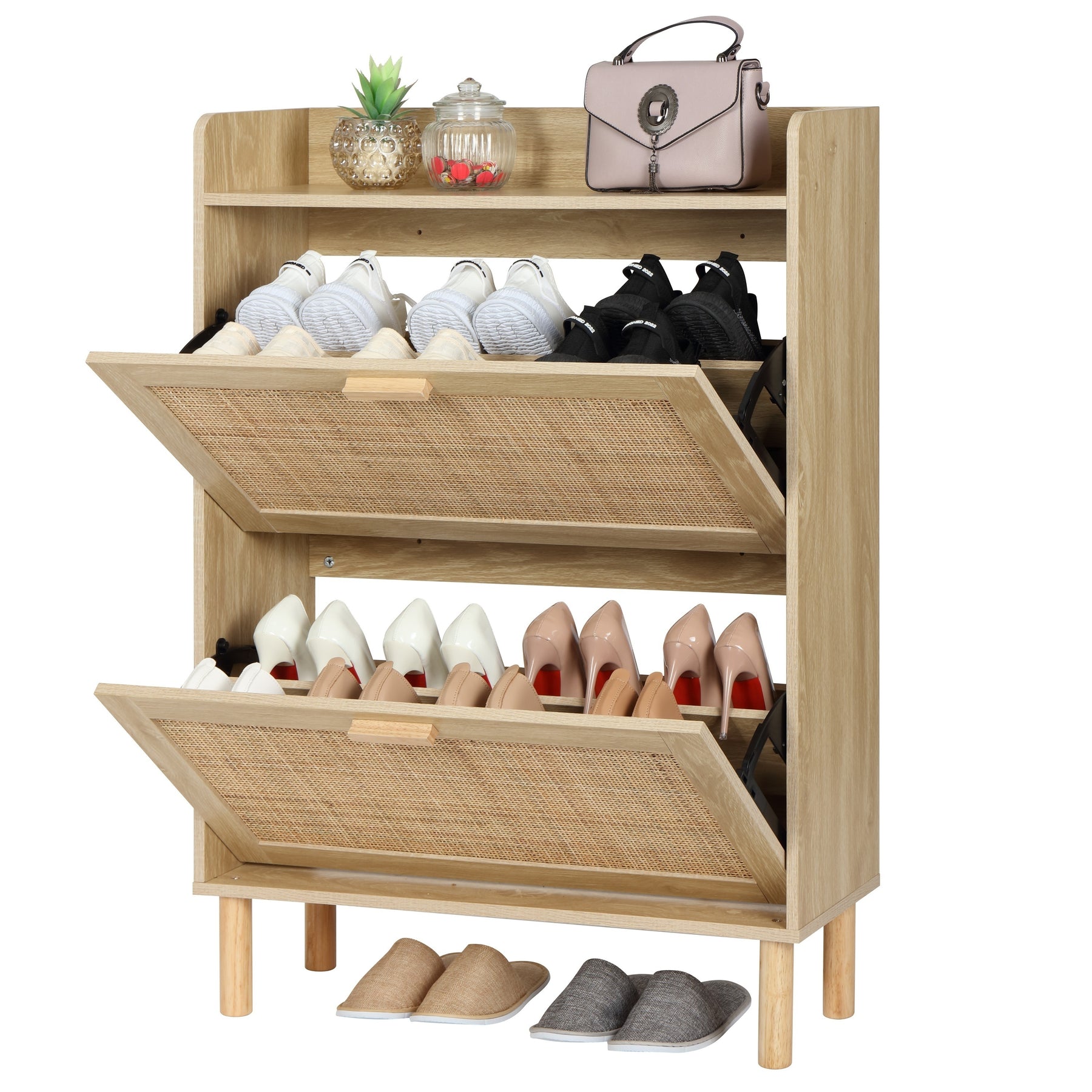 Extended Edition Shoe Cabinet With Natural Rattan Flip Drawers For Entryway, Free Standing 2 Tier Slim Shoe Organizer With Large Top Board, Shoe Cabinet With 3-Gear Adjustable Width Drawers