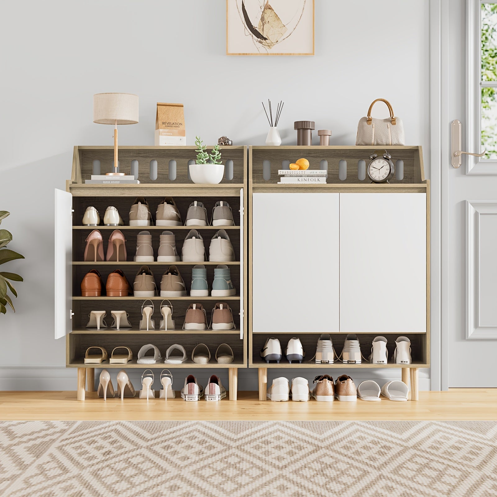 Eumyviv Shoe Cabinet, Free Standing Shoe Racks Storage Cabinet With 2 Doors And Open Shelf For Entryway GS005