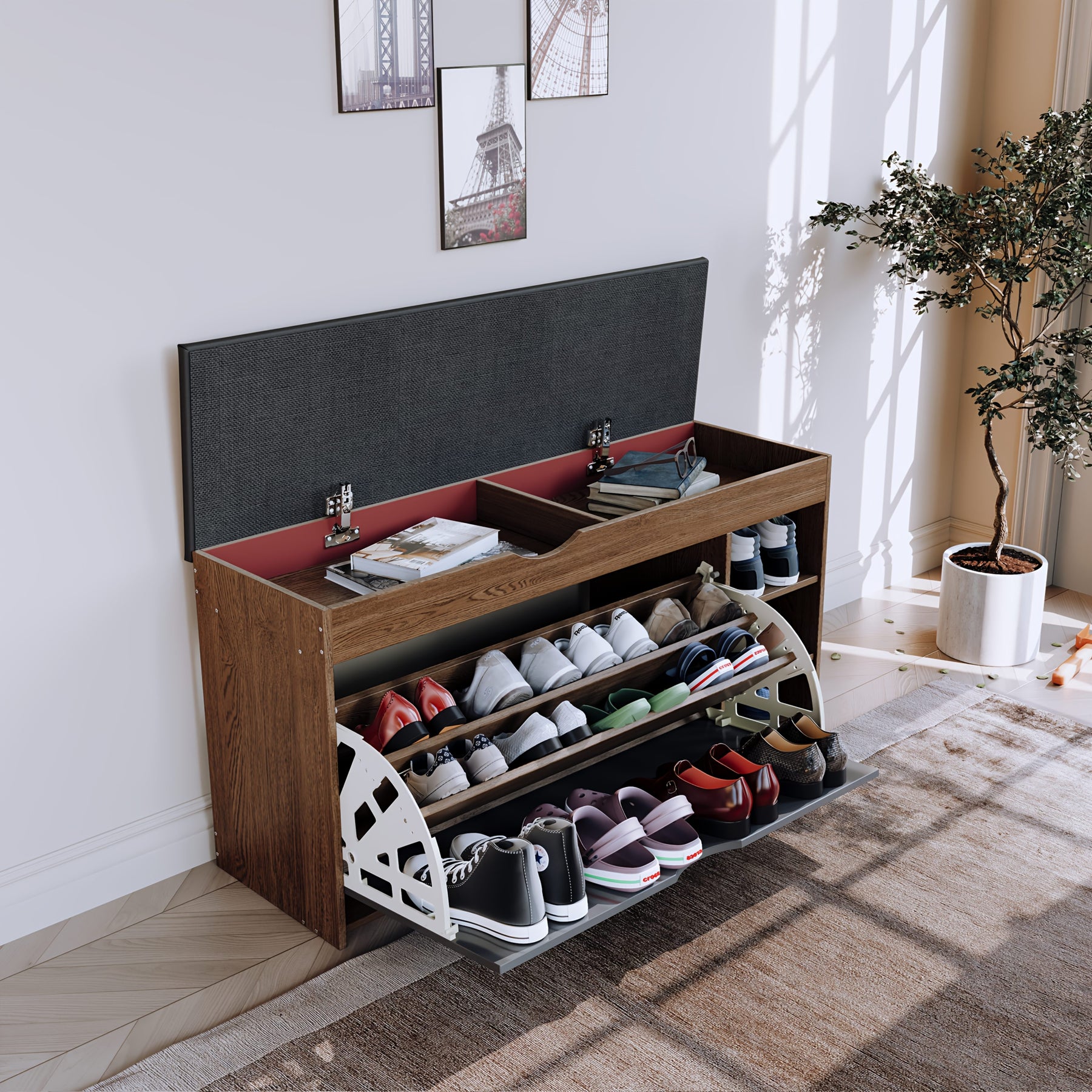 23.62 inch shoe cabinet, integrated multifunctional shoe cabinet for lobby, bedroom, and corridor, with 3 layers of storage space, leather soft bag cushion, convenient and movable, easy to install Gift suitable for giving.