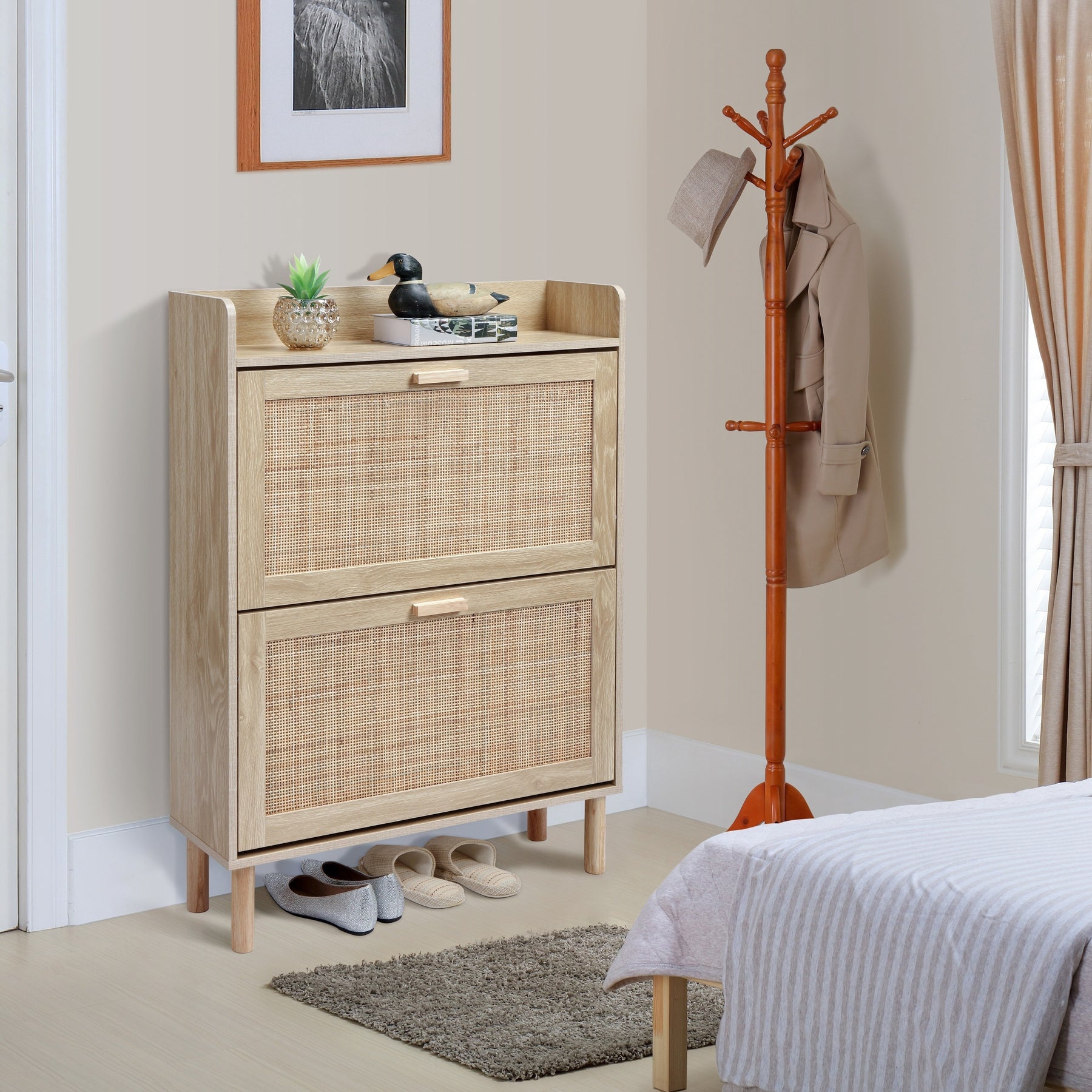 Extended Edition Shoe Cabinet With Natural Rattan Flip Drawers For Entryway, Free Standing 2 Tier Slim Shoe Organizer With Large Top Board, Shoe Cabinet With 3-Gear Adjustable Width Drawers