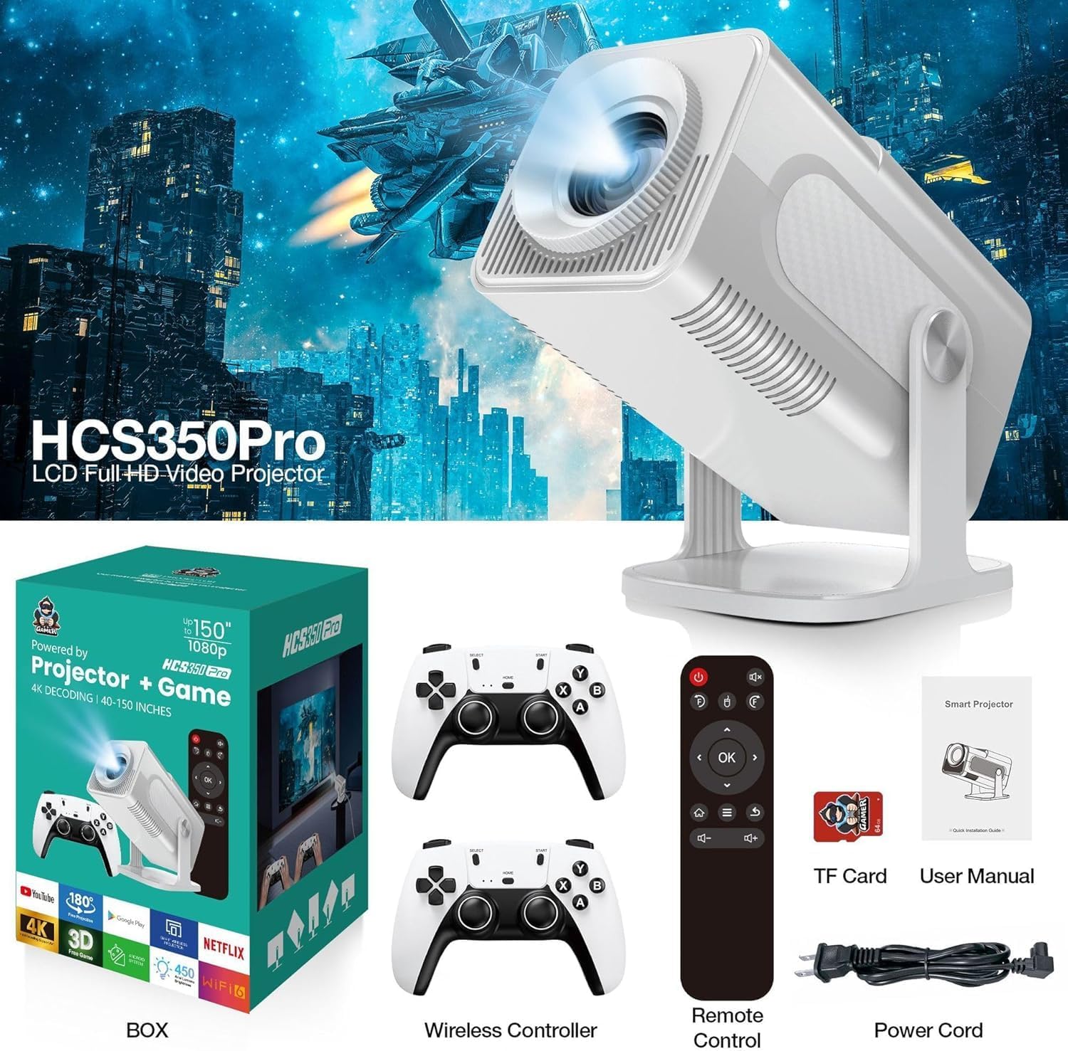 Projetor Hcs350 4k Pro + Game Com 2 Controles Sem Fio Branco