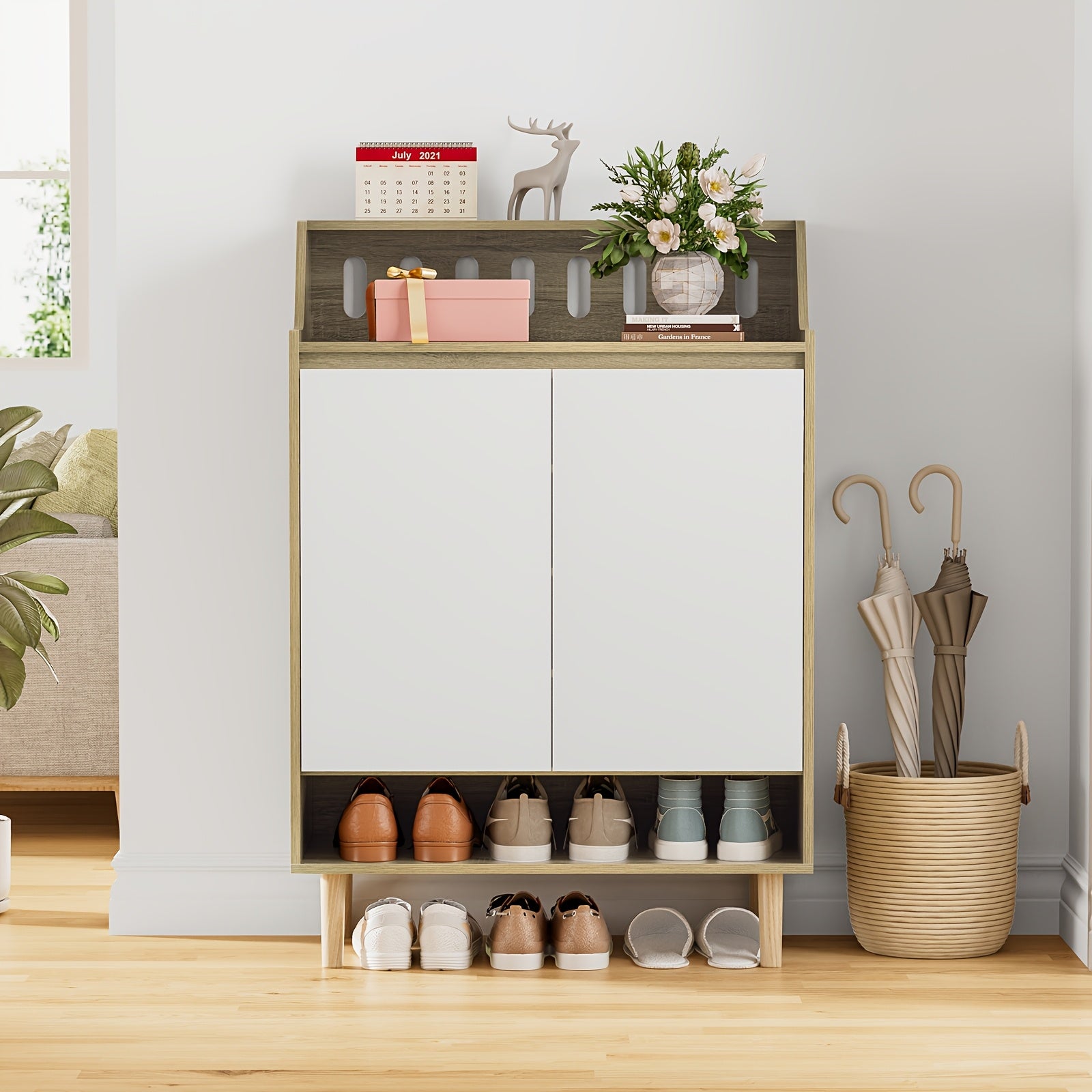 Eumyviv Shoe Cabinet, Free Standing Shoe Racks Storage Cabinet With 2 Doors And Open Shelf For Entryway GS005