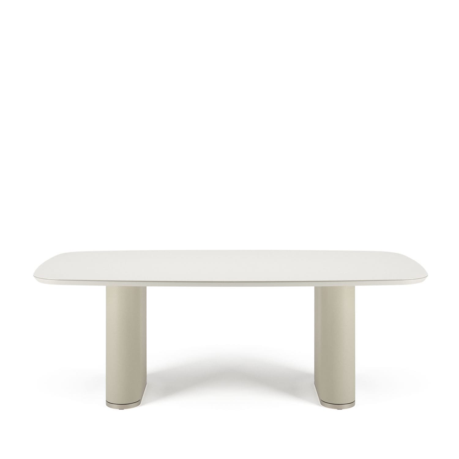 Mesa de Jantar Retangular c/ Vidro para 8 Lugares Lintz 219 cm - Off White Fosco c/ PU Bege - Champanhe
