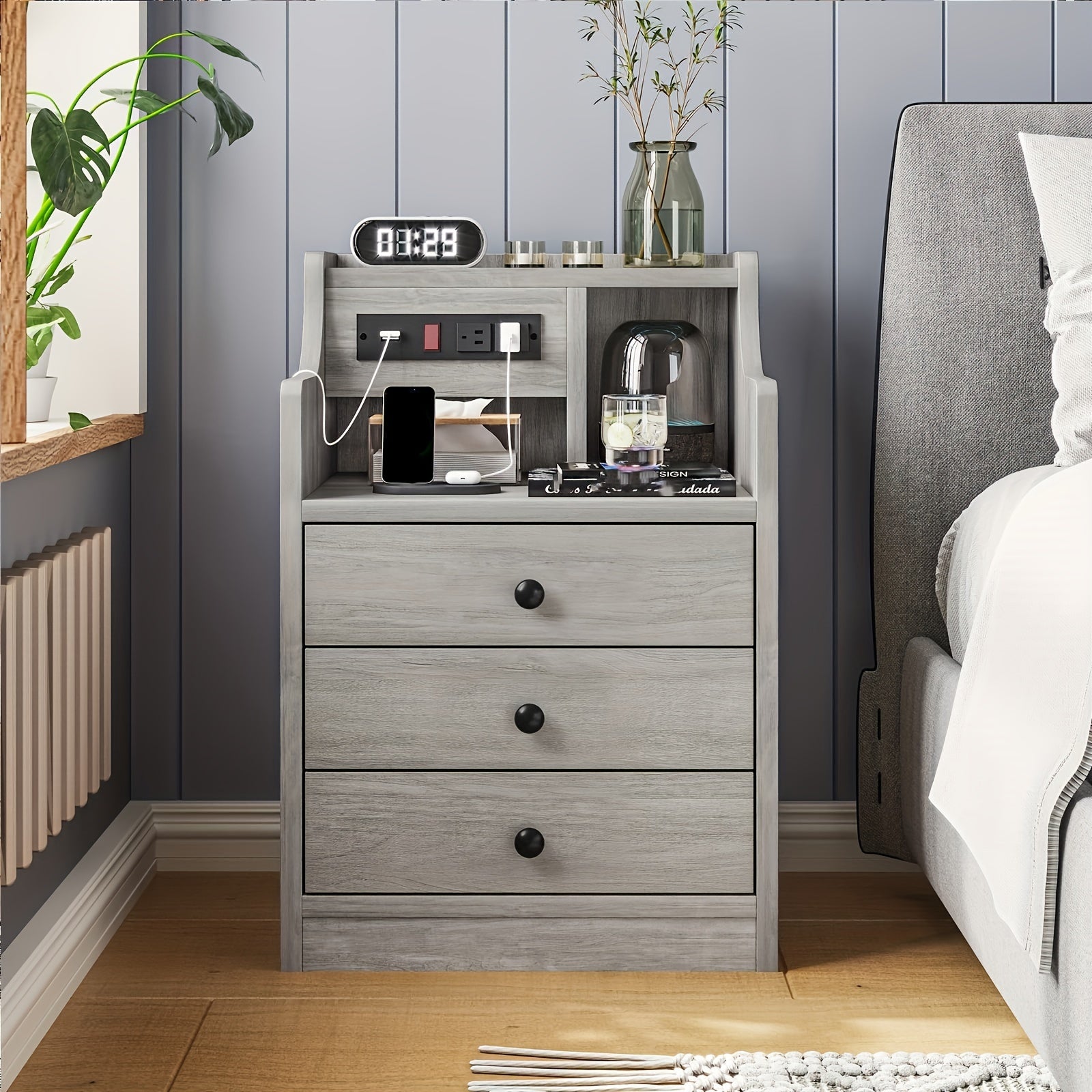 Modern Smart Nightstand with Charging Station (2 USB Ports & Outlets), Low- Compatible, 3-Drawer Hutch Bedside Table with Sliding & Open Storage, Grey -Standing Plug-in Power Outlet Converter for Bedroom/Office