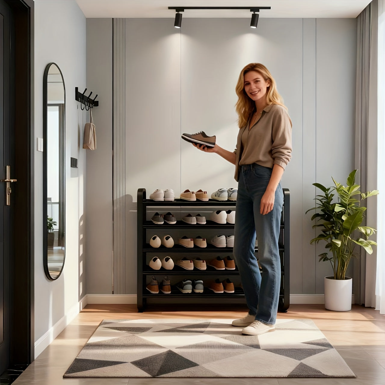 Durable 5-Tier Shoe Rack, Space-Saving Narrow Design, Multi-Layer Iron Craftsmanship Metal and Plastic, No Wood, Floor Mount, Electricity-Free Use, For Entryway and Dorm Storage, Living Room Compatible