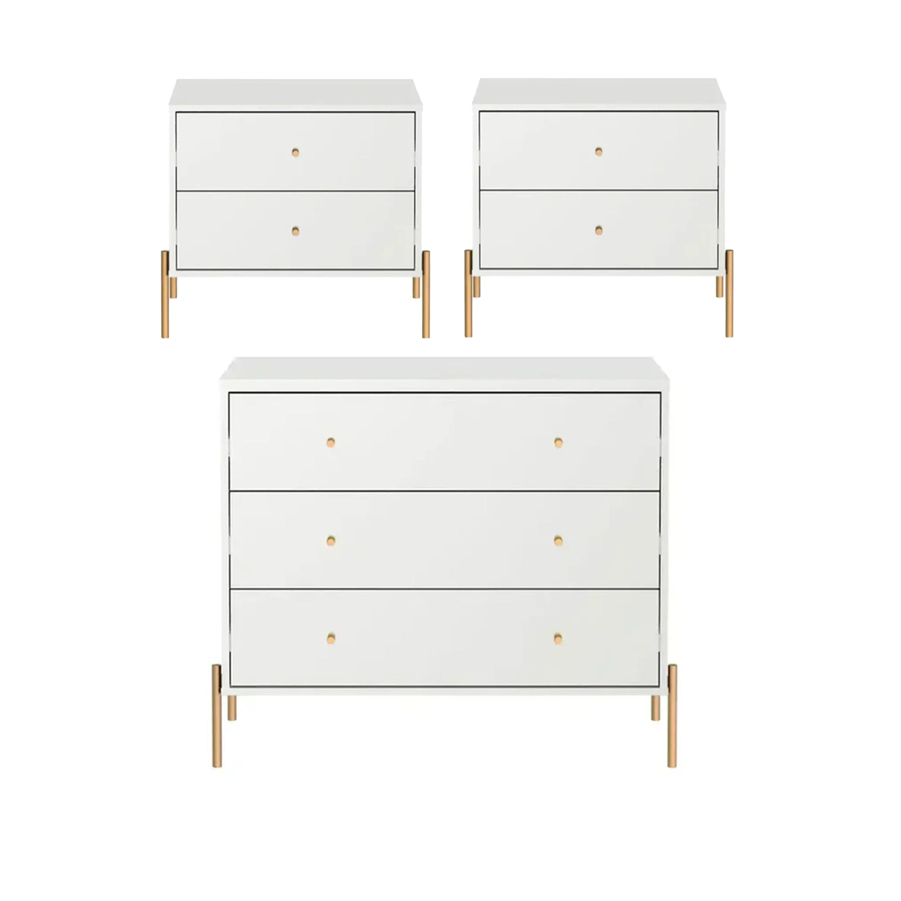 Conjunto 2 Mesas de Cabeceira e Cômoda 3 Gavetas Jasper - Branco c/ Dourado