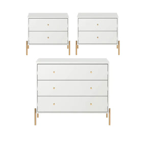 Conjunto 2 Mesas de Cabeceira e Cômoda 3 Gavetas Jasper - Branco c/ Dourado