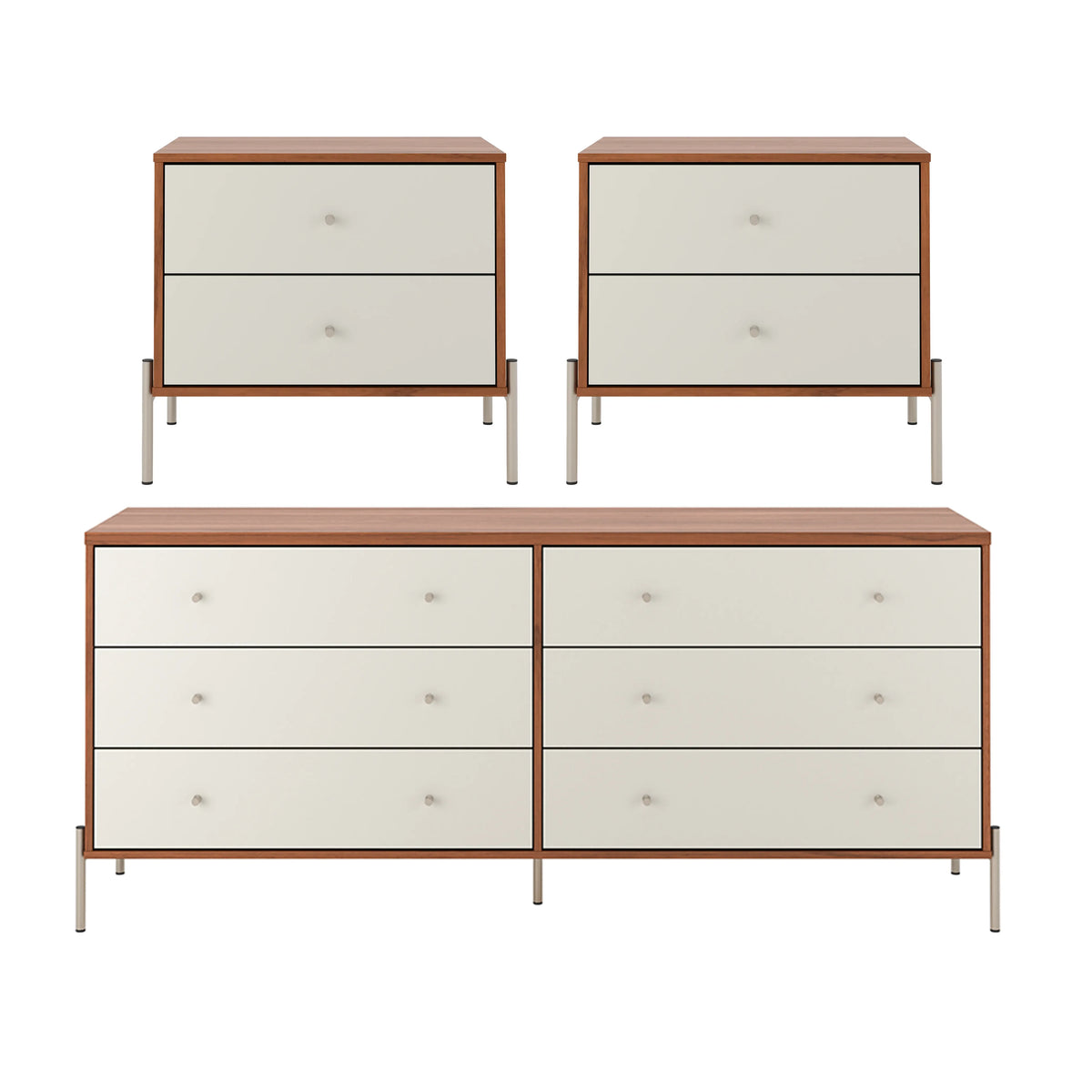 Conjunto 2 Mesas de Cabeceira e Cômoda 6 Gavetas Jasper - Off White Fosco c/ Canella - Champanhe