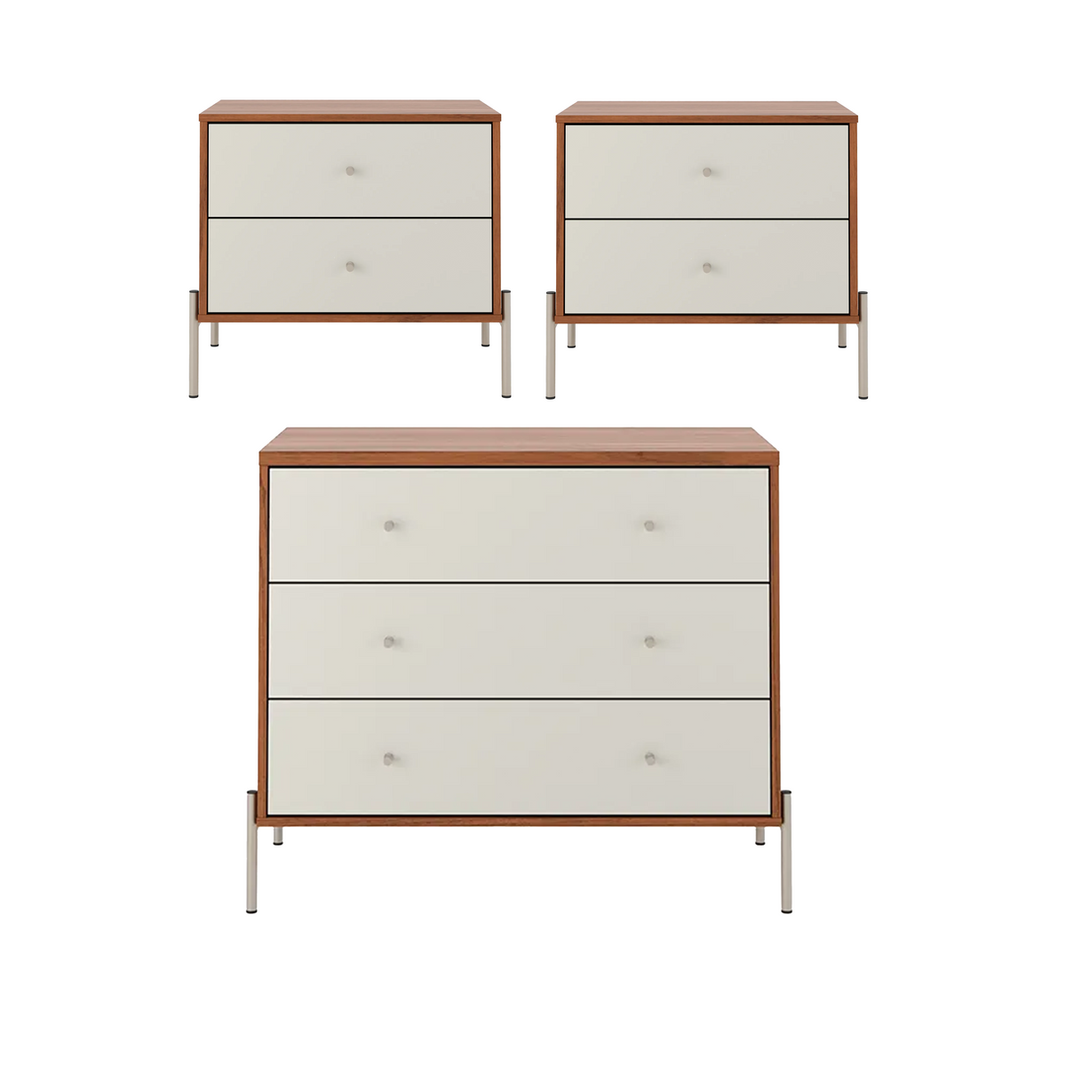 Conjunto 2 Mesas de Cabeceira e Cômoda 3 Gavetas Jasper - Off White Fosco c/ Canella - Champanhe