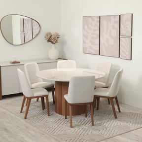 Conjunto de Jantar Mesa Redonda com Vidro 6 Cadeiras Kalina - Canella c/ Off White
