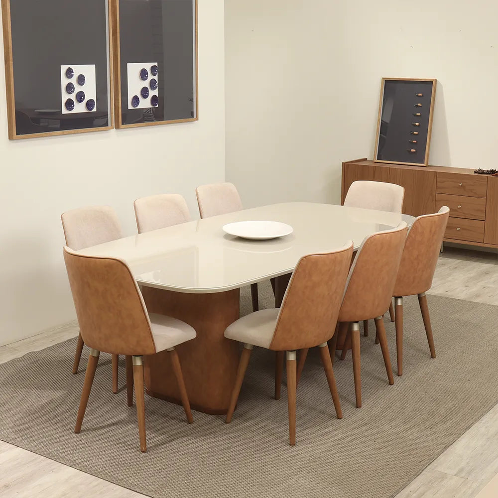 Conjunto de Jantar Mesa Retangular com Vidro Lintz com 8 Cadeiras Giratória Dakota - Canella c/ Caramelo