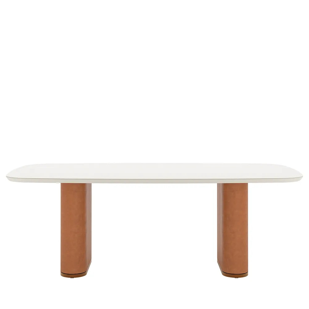 Mesa de Jantar Retangular c/ Vidro para 8 Lugares Lintz 219 cm - Off White Fosco c/ Canella - PU Caramelo