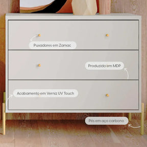 Conjunto 2 Mesas de Cabeceira e Cômoda 3 Gavetas Jasper - Off White Fosco c/ Dourado