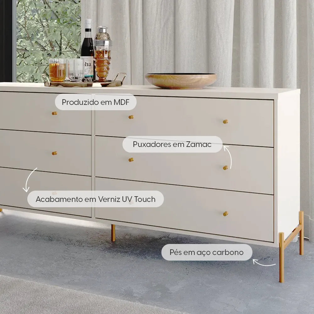 Conjunto 2 Mesas de Cabeceira e Cômoda 6 Gavetas Jasper - Off White Fosco c/ Dourado