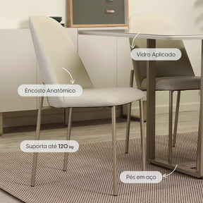 Conjunto de Jantar Mesa Retangular com Vidro Arcádia 6 Cadeiras Lucille - Champanhe c/ Off White