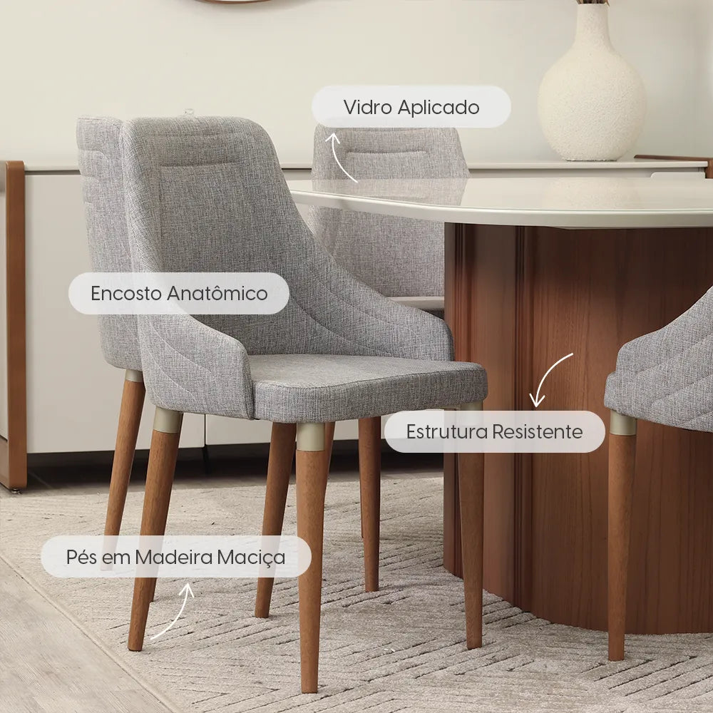 Conjunto de Jantar Mesa Retangular com Vidro Kalina 6 Cadeiras Evelyn - Canella c/ Cinza