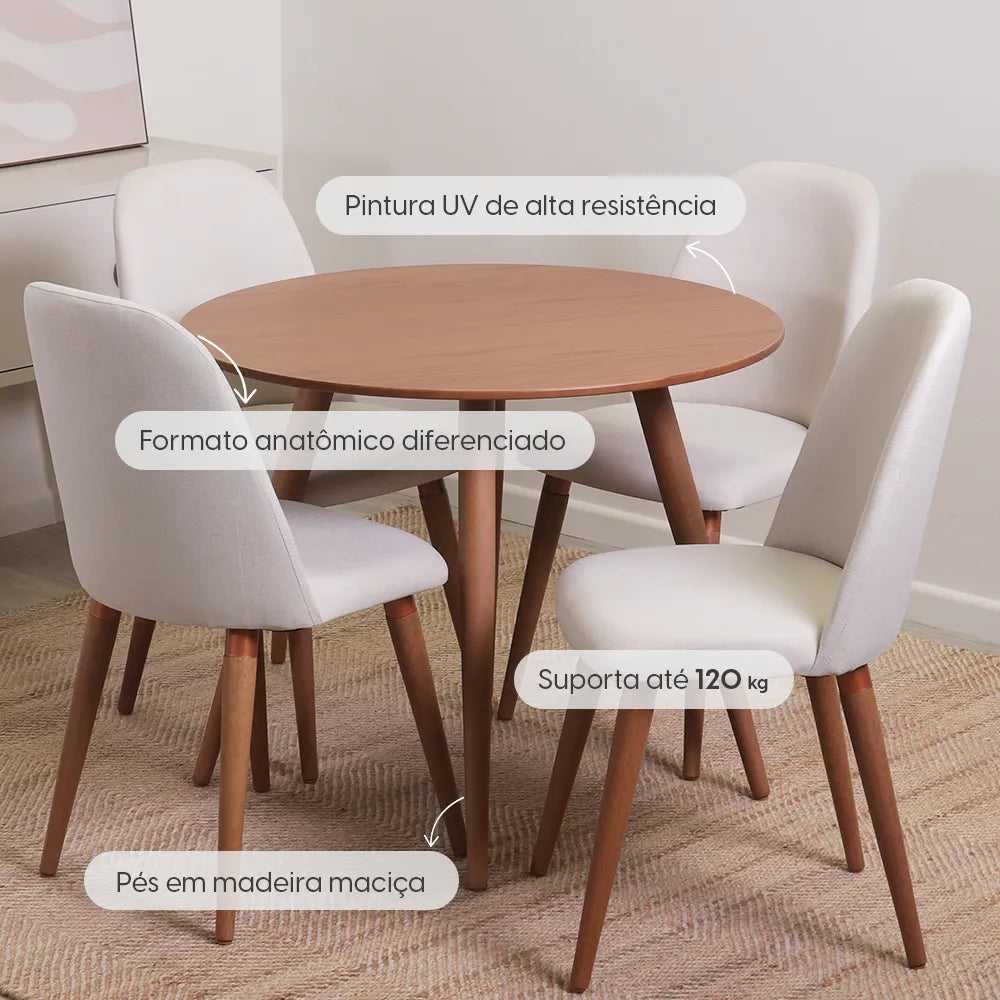 Conjunto de Jantar Mesa Redonda Ollie 4 Cadeiras New Drop - Natural c/ Off White