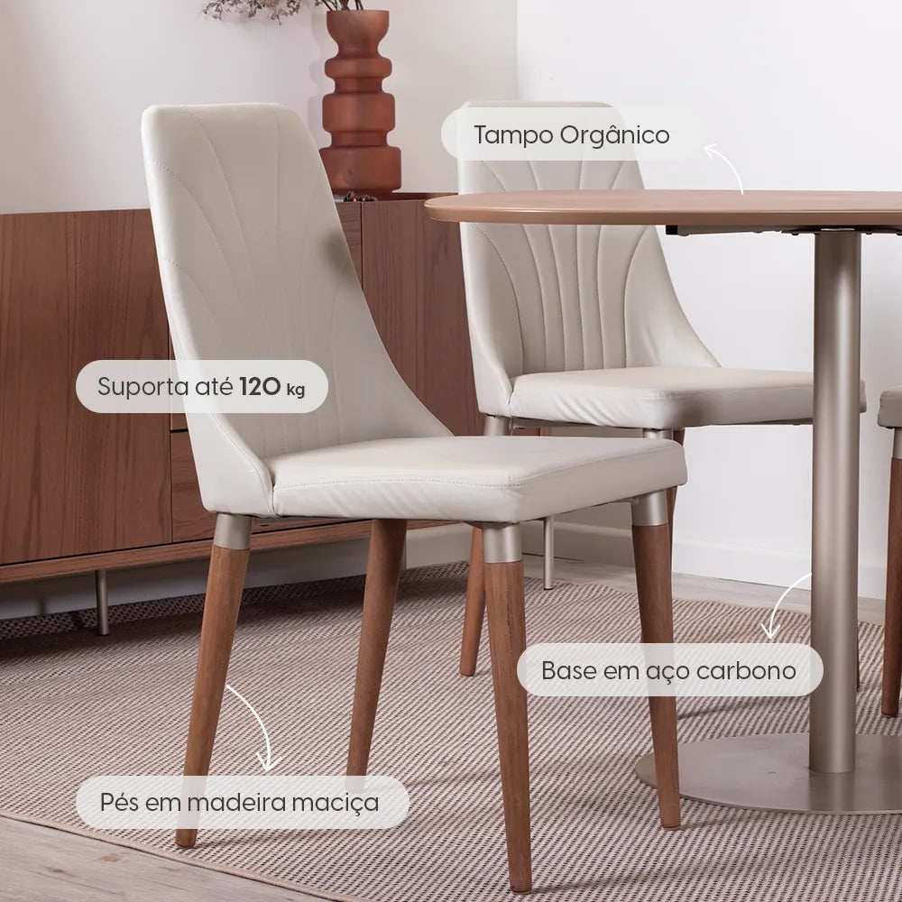 Conjunto de Jantar Mesa Orgânica Kalyx 4 Cadeiras Lara - Champanhe c/ Canella - PU Off White