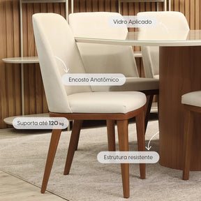 Conjunto de Jantar Mesa Retangular com Vidro 8 Cadeiras Kalina - Canella c/ Off White